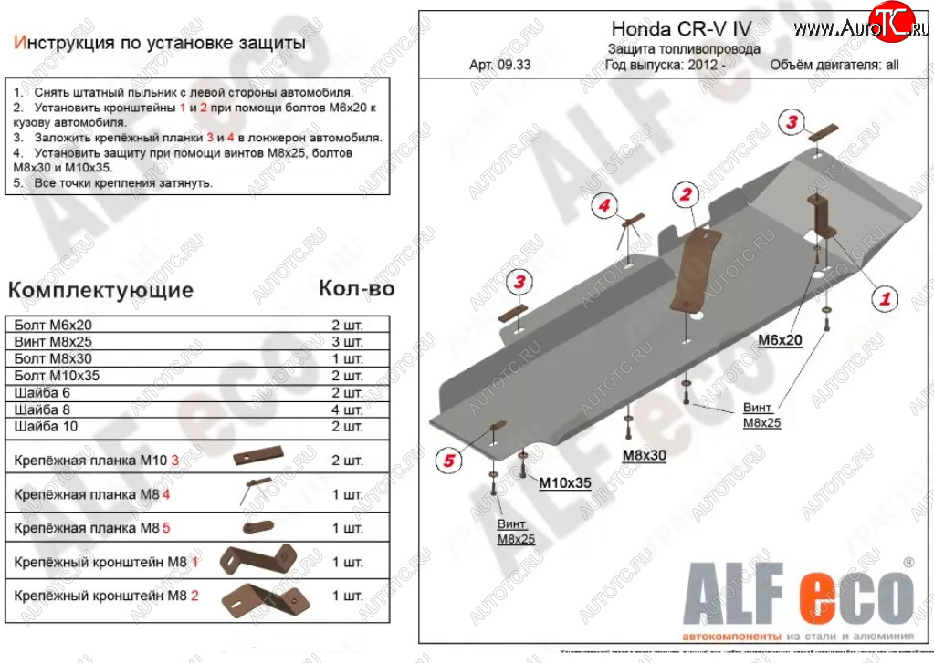 9 999 р. Защита топливопровода Alfeco  Honda CR-V  RM1,RM3,RM4 (2012-2018) дорестайлинг, рестайлинг (Алюминий 3 мм)  с доставкой в г. Набережные‑Челны