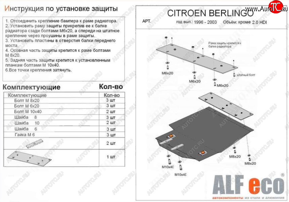 13 199 р. Защита картера двигателя и КПП (кроме 2,0 HDI) ALFECO  CITROEN Berlingo  M49 (1996-2003) дорестайлинг (Алюминий 4 мм)  с доставкой в г. Набережные‑Челны