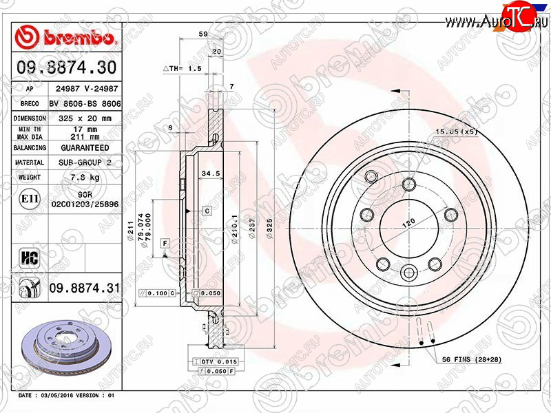 7 199 р. Задний тормозной диск (вентилируемый, d 325) BREMBO дизель Land Rover Discovery 3 L319 (2004-2009)  с доставкой в г. Набережные‑Челны