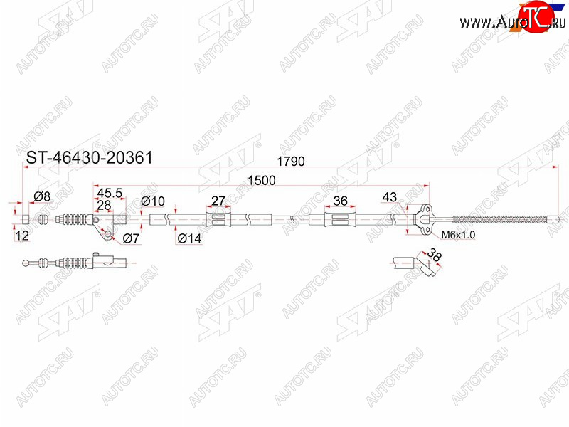 1 169 р. Трос ручника RH SAT Toyota Caldina T190 дорестайлинг универсал (1992-1995) (барабанные тормоза)  с доставкой в г. Набережные‑Челны