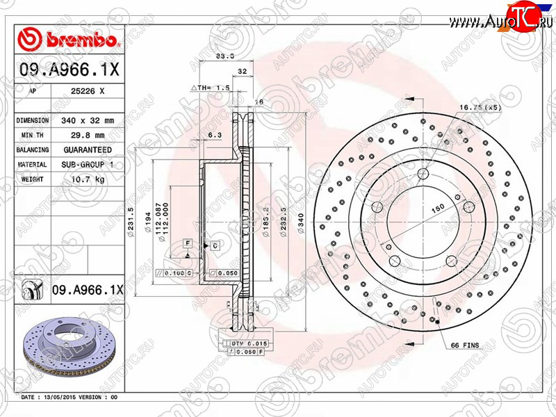 15 299 р. Тормозной передний диск (Ø340) BREMBO  Toyota Land Cruiser 200 дорестайлинг (2007-2012)  с доставкой в г. Набережные‑Челны