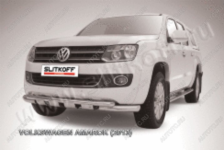 24 649 р. Защита переднего бампера d76+d57 двойная с профильной ЗК Slitkoff  Volkswagen Amarok (2009-2016) дорестайлинг (нержавейка с полимерным покрытием в цвет черный)  с доставкой в г. Набережные‑Челны