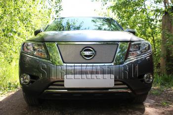 3 679 р. Защита радиатора (верх) Стрелка11 Стандарт Nissan Pathfinder R52 дорестайлинг (2012-2017) (хром)  с доставкой в г. Набережные‑Челны. Увеличить фотографию 2