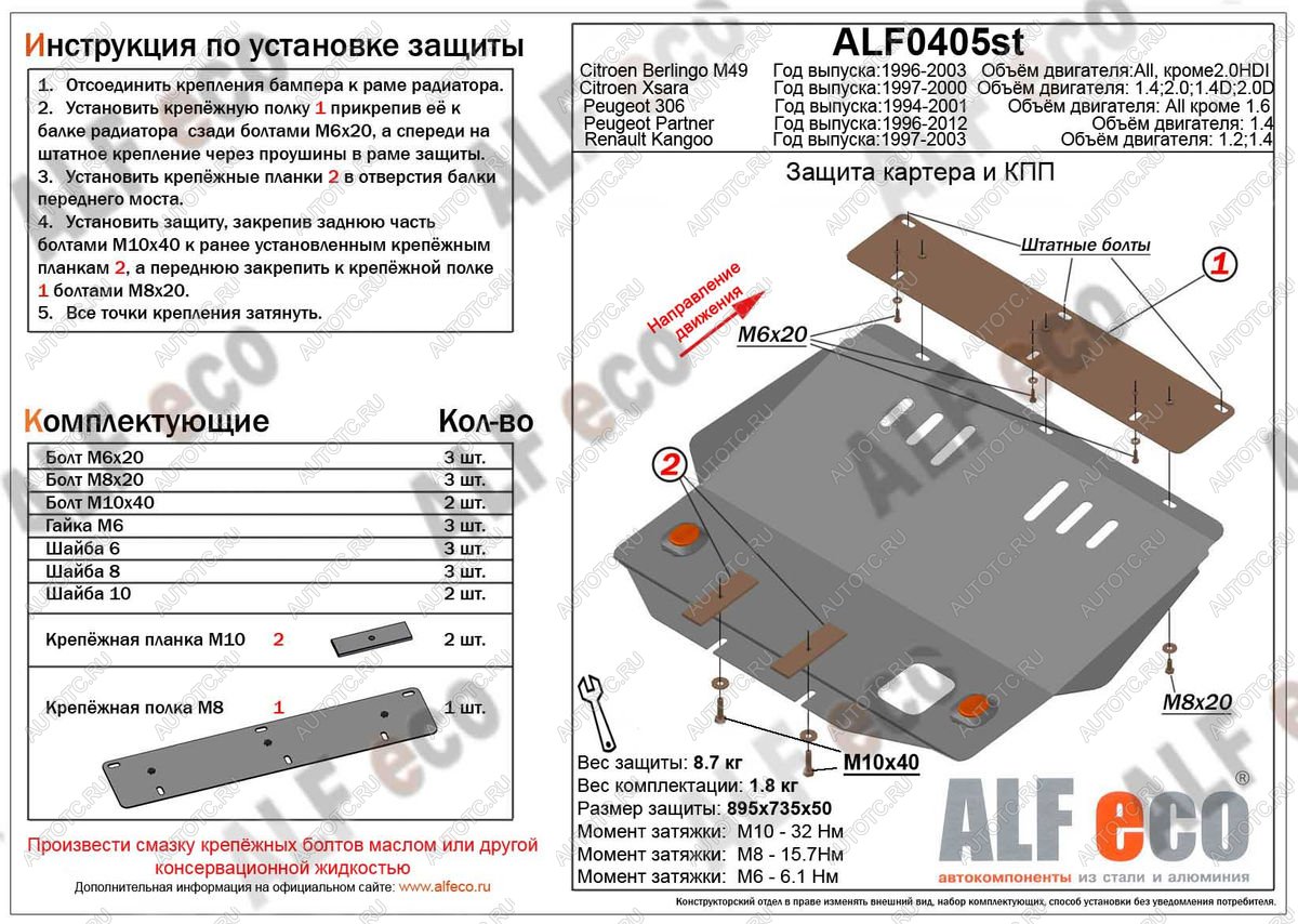 4 699 р. Защита топливного бака (V-1.4) ALFECO  Peugeot Partner Origin  минивэн (1996-2012) (сталь 2 мм)  с доставкой в г. Набережные‑Челны