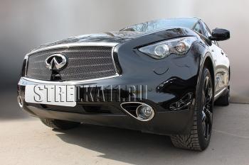 7 199 р. Защита радиатора (верх с вырезом под камеру) Стрелка11 Премиум  INFINITI FX37  S51 - QX70  S51 (черная)  с доставкой в г. Набережные‑Челны. Увеличить фотографию 2