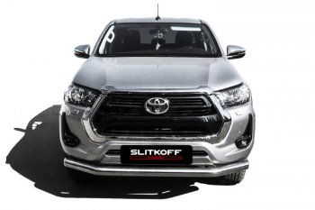 20 999 р. Защита переднего бампера Slitkoff (Ø 76 мм).  Toyota Hilux  AN120 (2017-2020) 1-ый рестайлинг (Нержавеющая сталь)  с доставкой в г. Набережные‑Челны. Увеличить фотографию 2