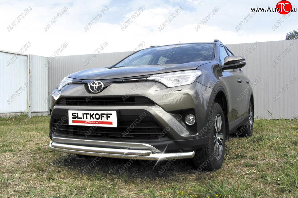 13 699 р. Защита переднего бампера Slitkoff (Ø57 и 42 мм) Toyota RAV4 XA40 5 дв. рестайлинг (2015-2019) (Нержавейка полированная)  с доставкой в г. Набережные‑Челны