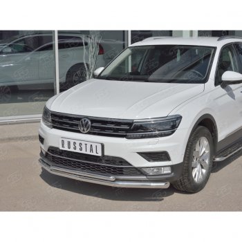 22 549 р. Защита переднего бампера (2 трубы Ø63 и 42 мм, нержавейка) SLITKOFF  Volkswagen Tiguan  Mk2 (2016-2020) дорестайлинг  с доставкой в г. Набережные‑Челны. Увеличить фотографию 2