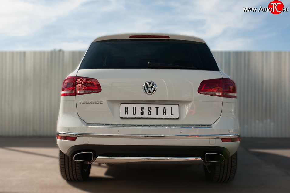 15 649 р. Защита заднего бампера (Ø75x42 мм, нержавейка) Russtal Volkswagen Touareg NF рестайлинг (2014-2018)  с доставкой в г. Набережные‑Челны